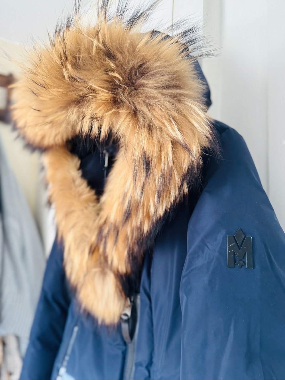 Mackage Navy Puffer Coat with Tan Fur-Trim Hood